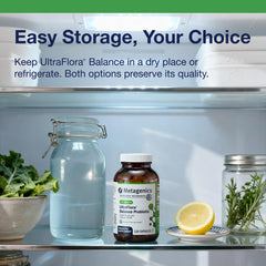 Metagenics UltraFlora Balance vegan gluten-free badge highlights clean ingredients.