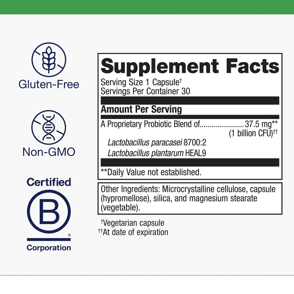 Metagenics UltraFlora capsule closeup emphasizing shelf-stable probiotic.