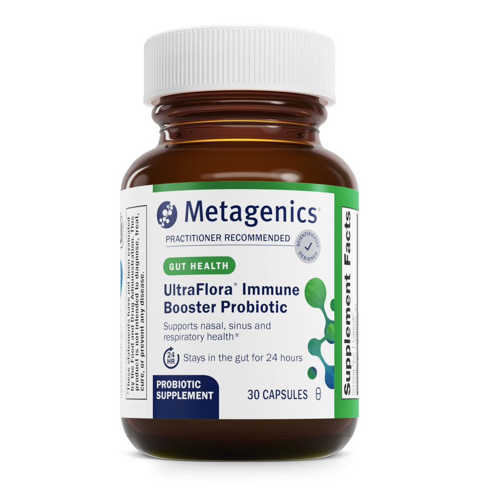 Metagenics UltraFlora Immune Booster bottle for daily nasal and respiratory support.
