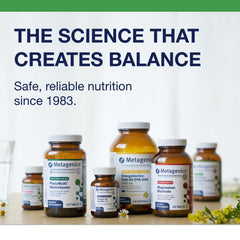 Metagenics UltraFlora gummies on a breakfast setup; supports routine gut health