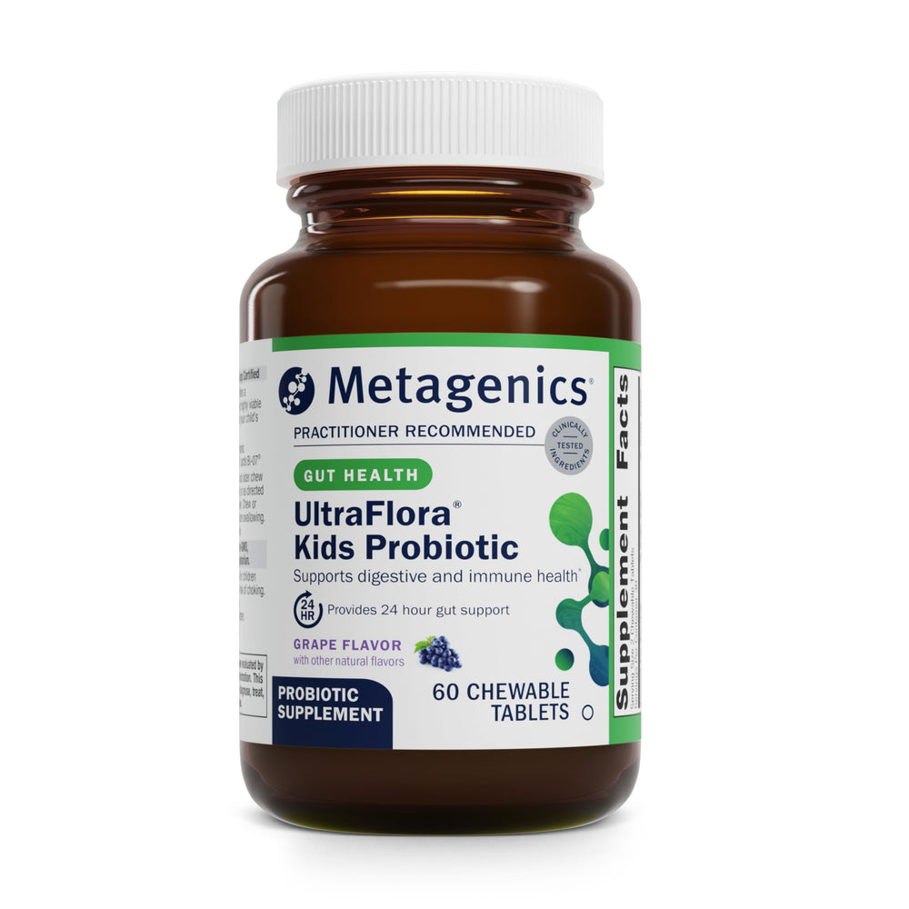 Metagenics UltraFlora Kids Probiotic bottle front showing label and cap.
