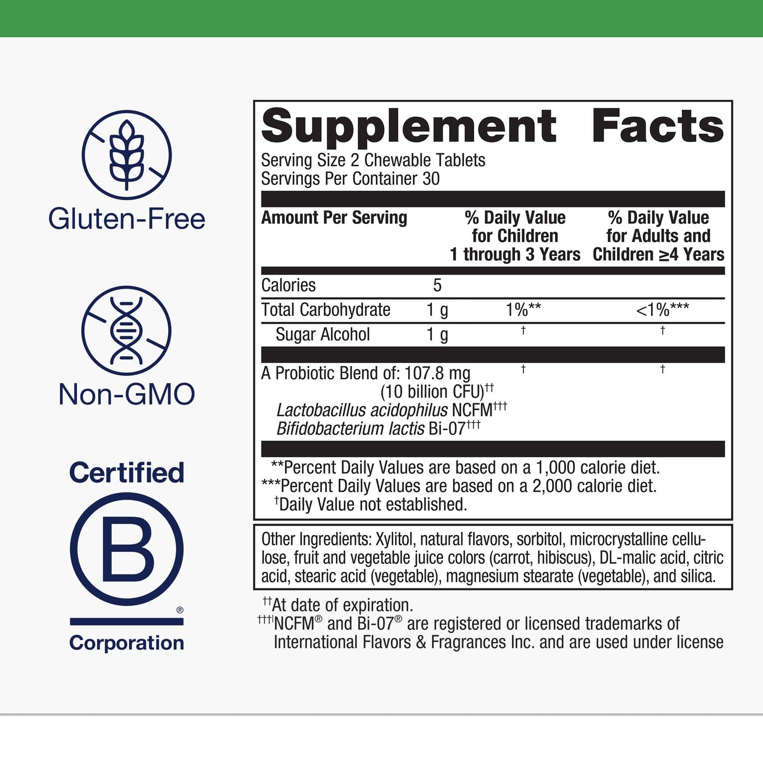 Label closeup for Metagenics UltraFlora Kids Probiotic ingredients and claims.