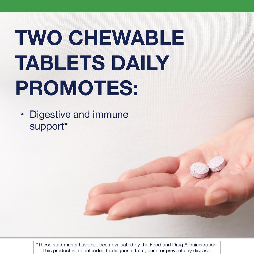 Closeup of Metagenics UltraFlora Kids Probiotic chewable tablets.