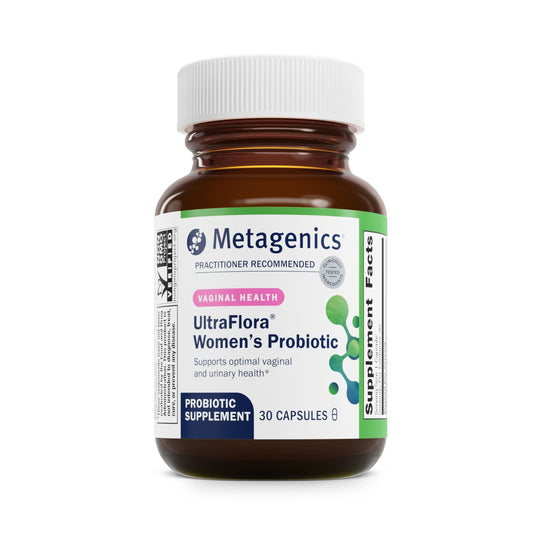 Metagenics UltraFlora Women’s Probiotic bottle on a shelf supports daily feminine health routines.