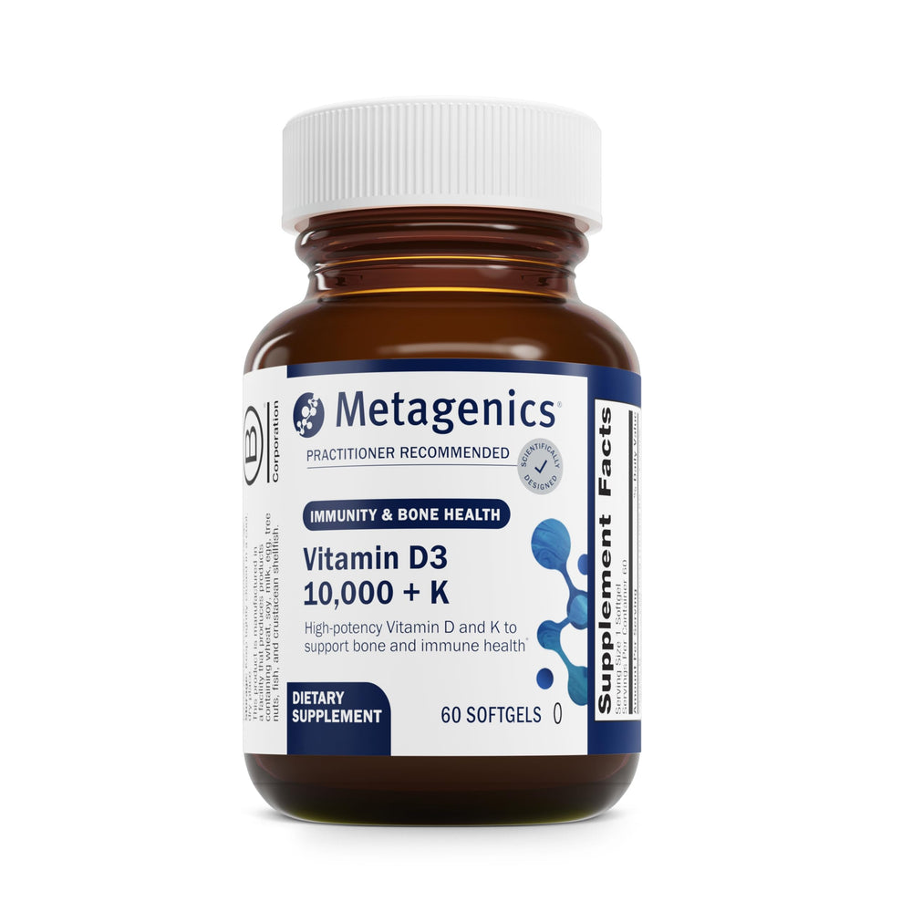 Metagenics Vitamin D3 + K bottle for daily immune and bone support.