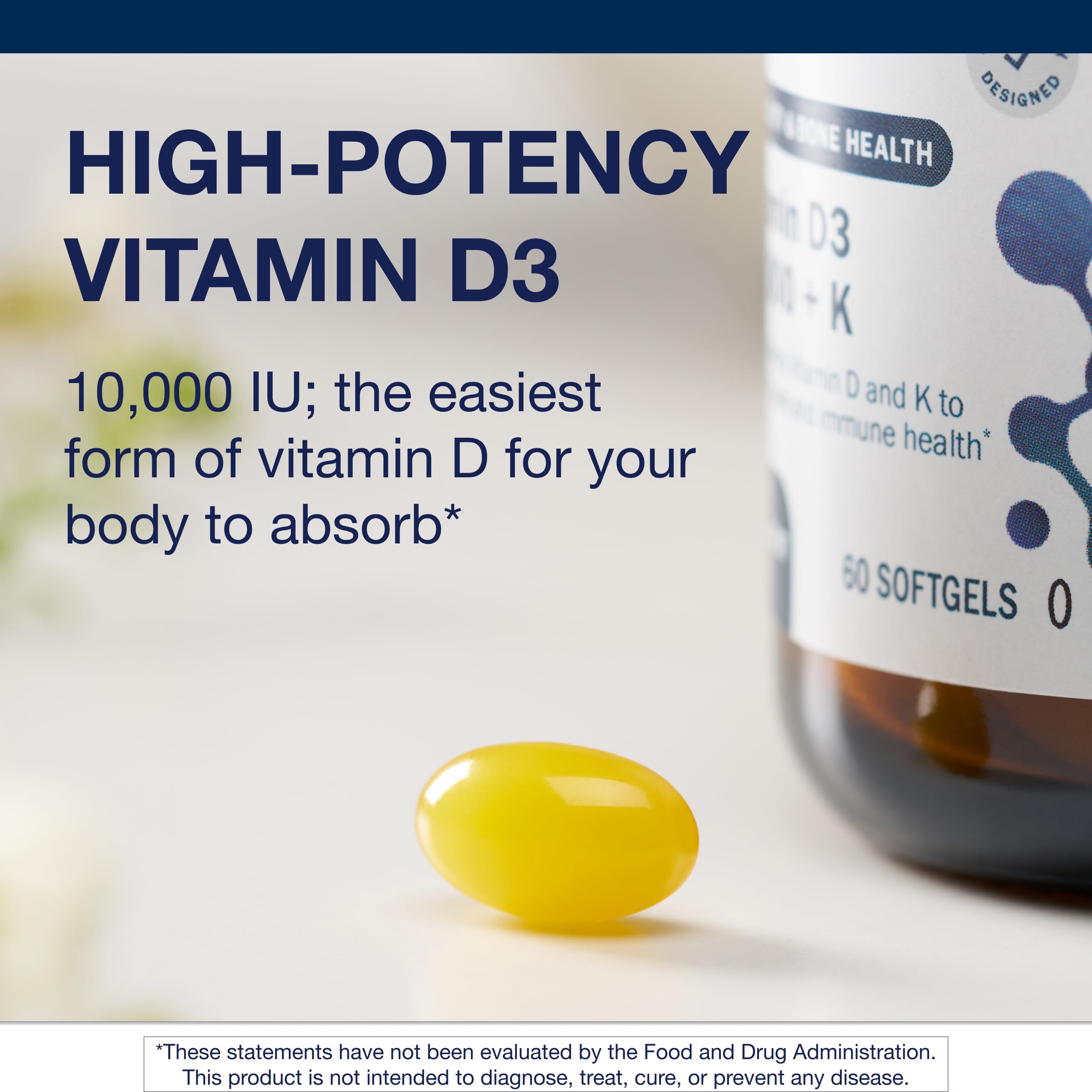 Metagenics Vitamin D3 + K7 label close-up highlighting MK-7 synergy.