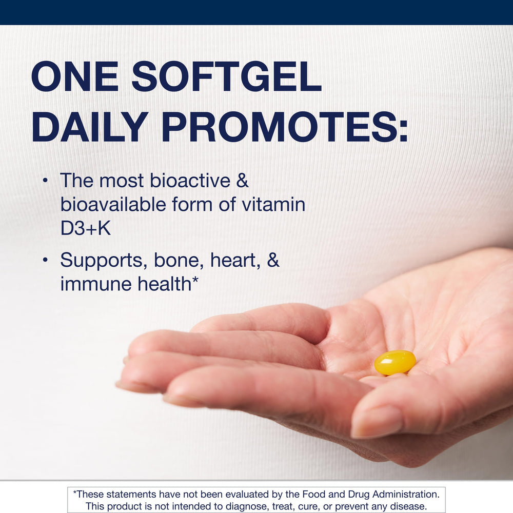 Metagenics D3 + K softgels close-up, easy-to-swallow for daily wellness.