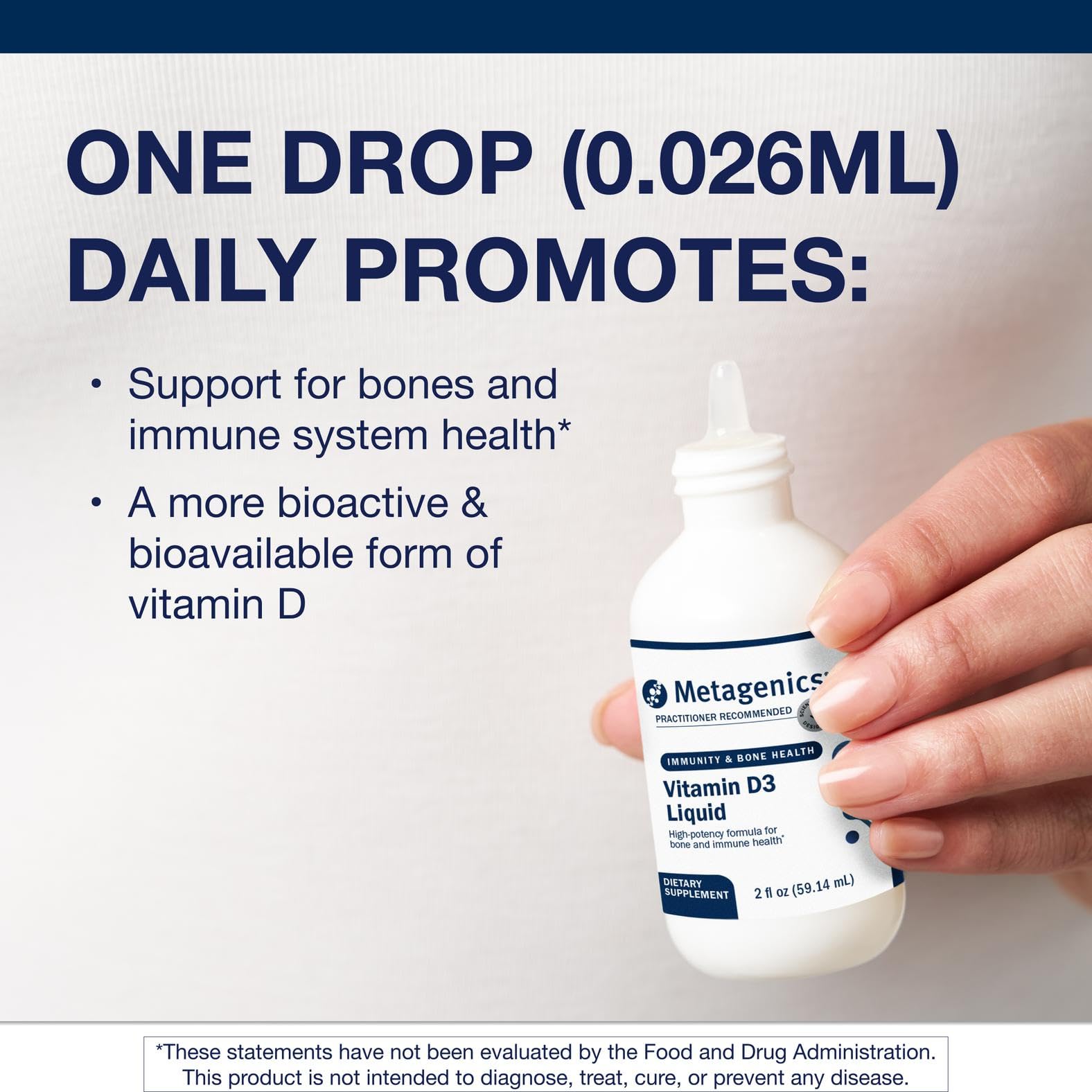 Metagenics Vitamin D3 Liquid label close-up highlights high absorbency and dosing flexibility