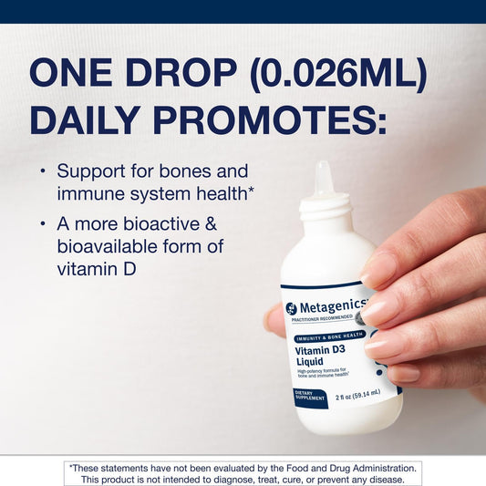 Metagenics Vitamin D3 Liquid label close-up highlights high absorbency and dosing flexibility