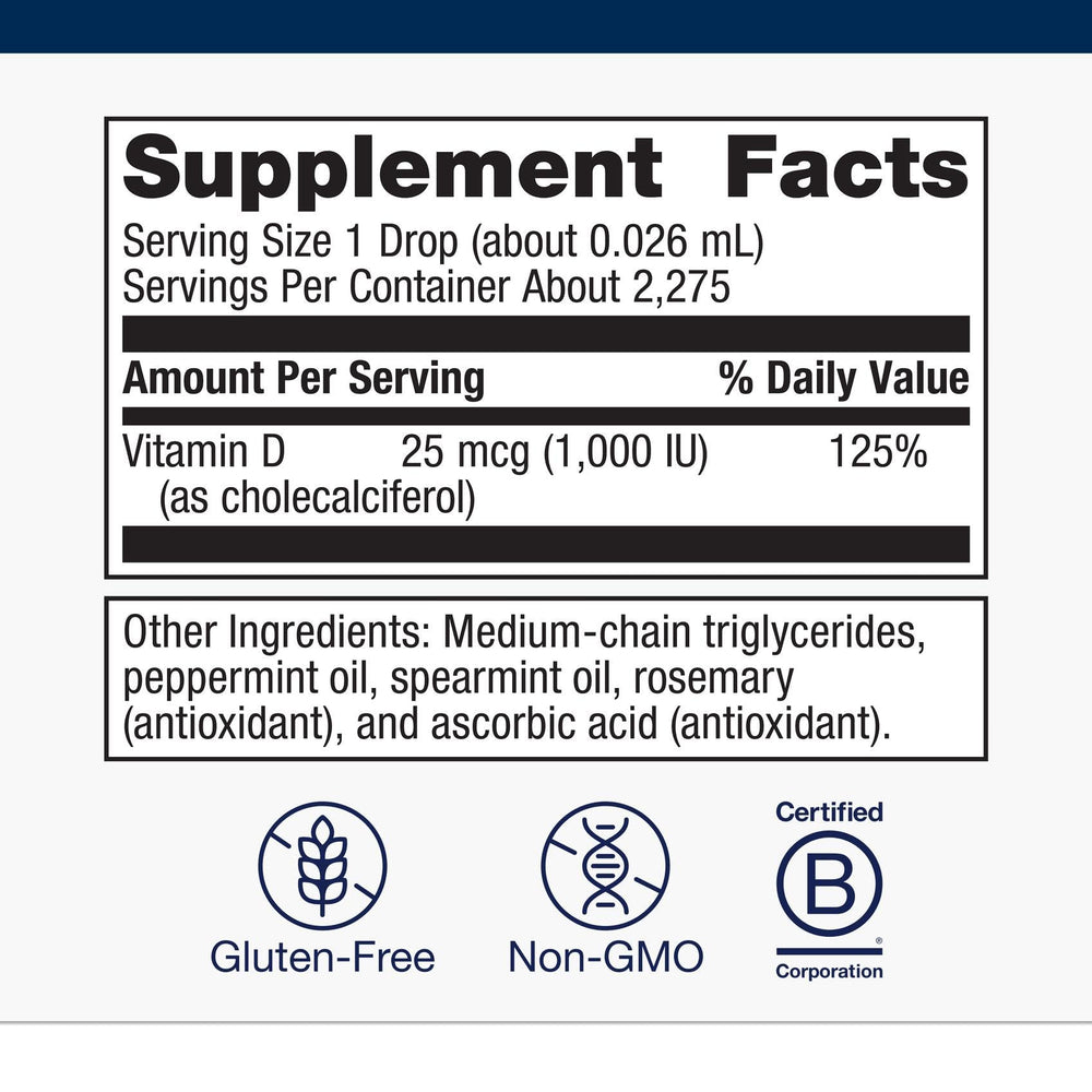 Metagenics Vitamin D3 Liquid measuring drops shows adjustable dosing for all ages