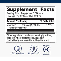 Metagenics Vitamin D3 Liquid measuring drops shows adjustable dosing for all ages
