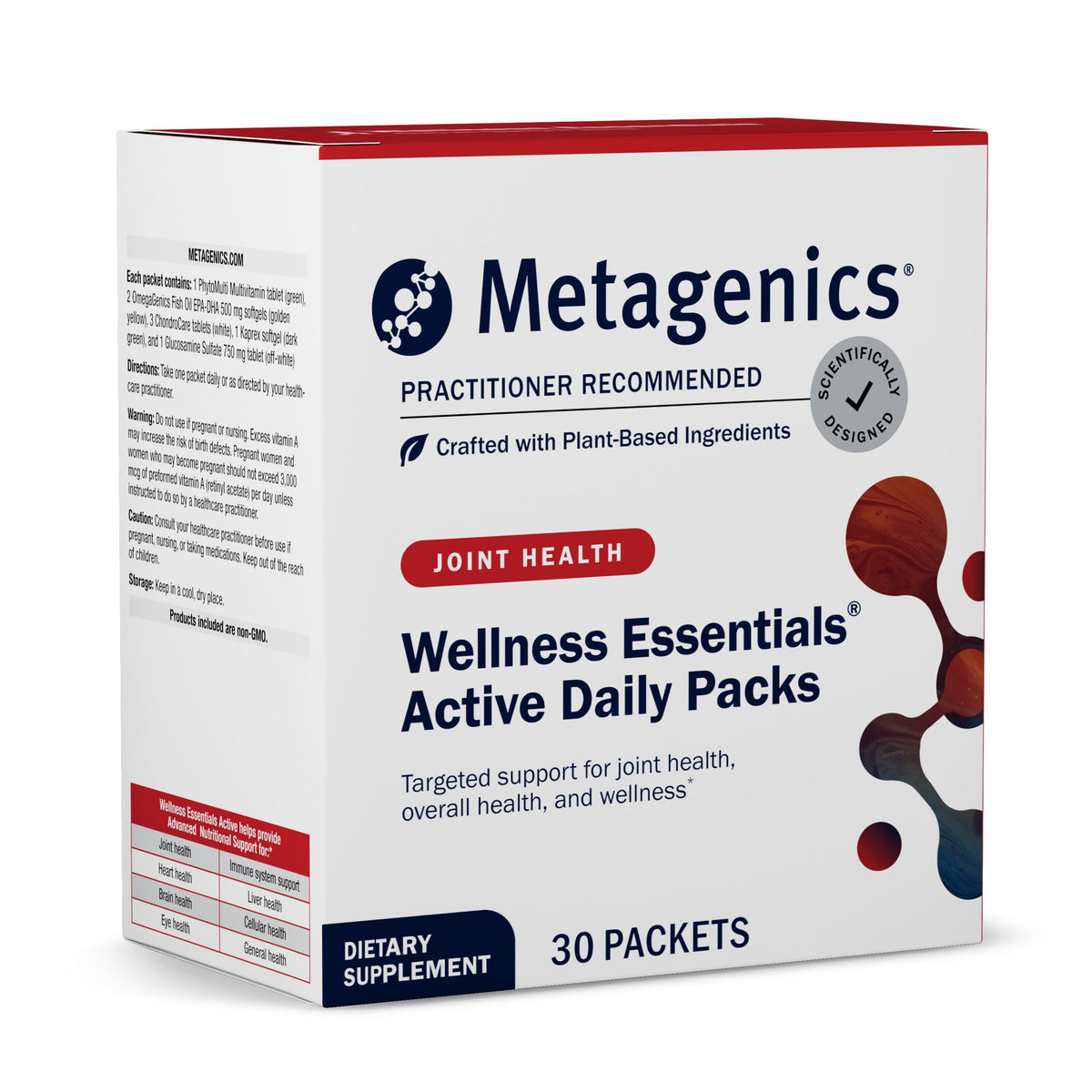 Metagenics Wellness Essentials label with ingredients and daily usage for joint support