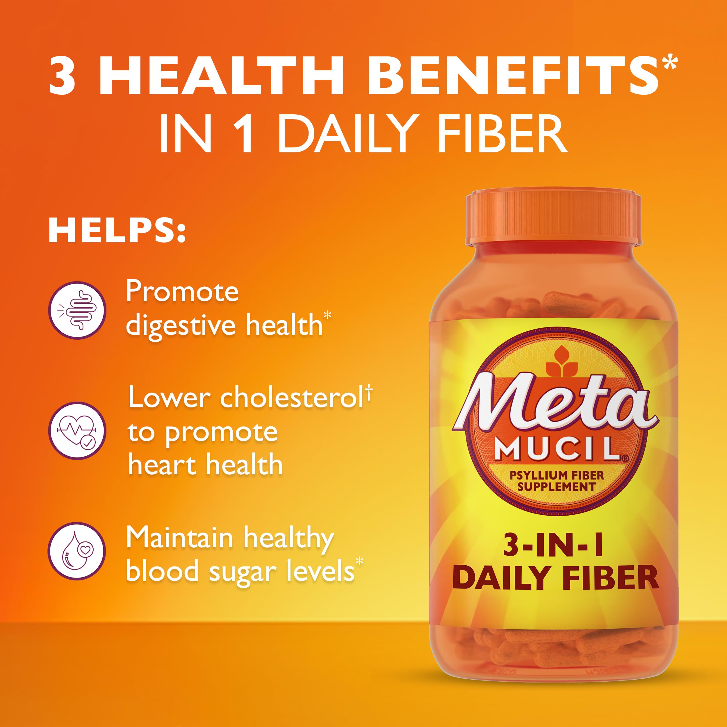 Metamucil 3-in-1 fiber bottle showcases versatile digestive support.