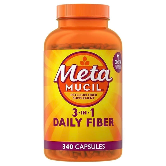 Metamucil 3-in-1 fiber capsules bottle for daily digestive support.