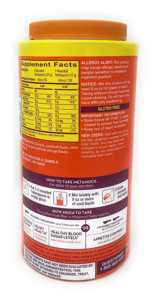 Metamucil 4-in-1 psyllium powder highlighting multiple-fiber benefits.