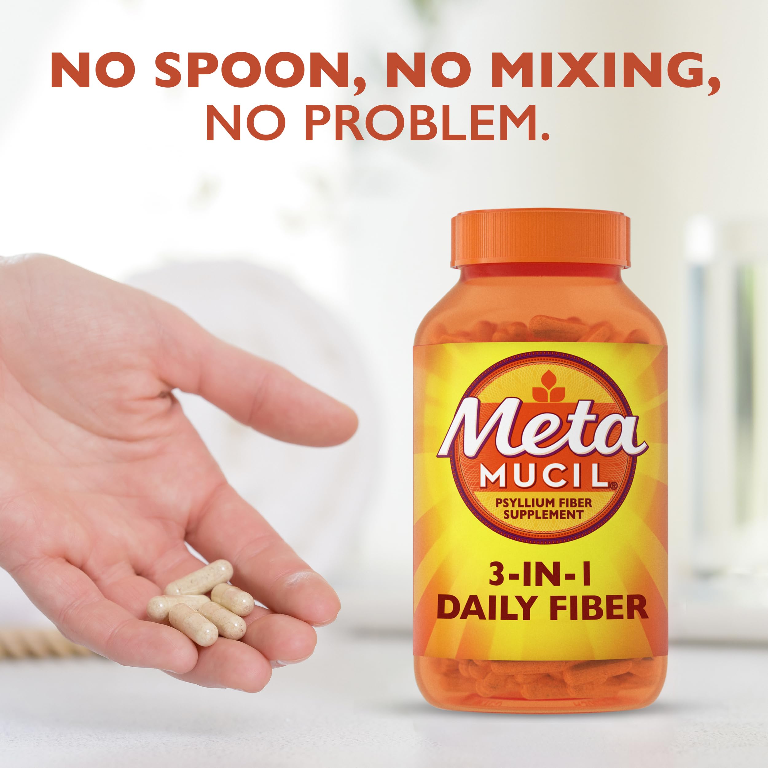 Metamucil capsules closeup emphasizing easy daily fiber capsules.