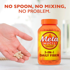 Metamucil capsules closeup emphasizing easy daily fiber capsules.