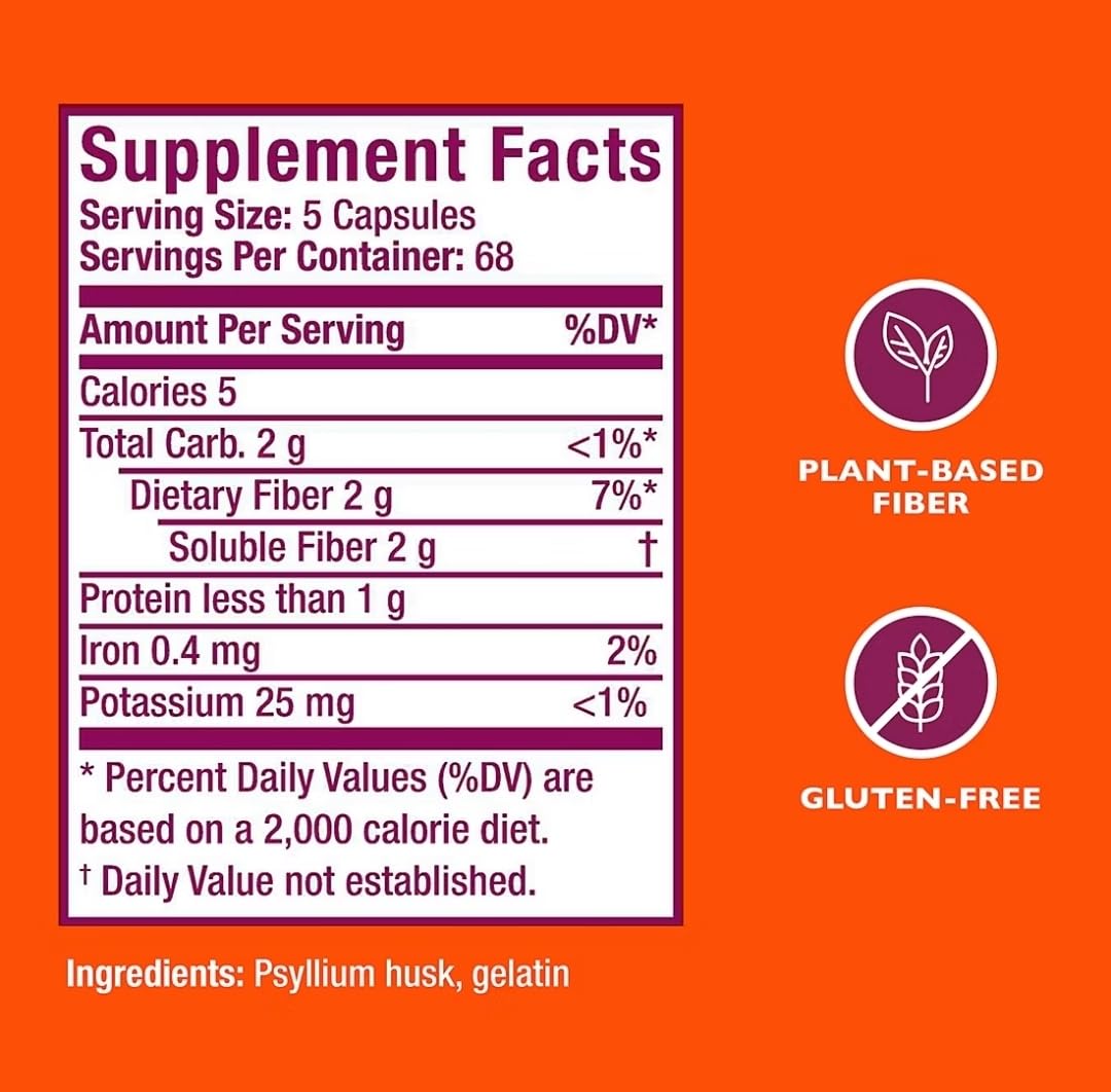 Closeup of Metamucil psyllium husk capsules emphasizing plant-based fiber.