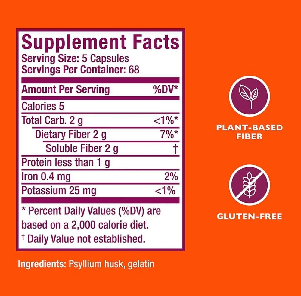Closeup of Metamucil psyllium husk capsules emphasizing plant-based fiber.
