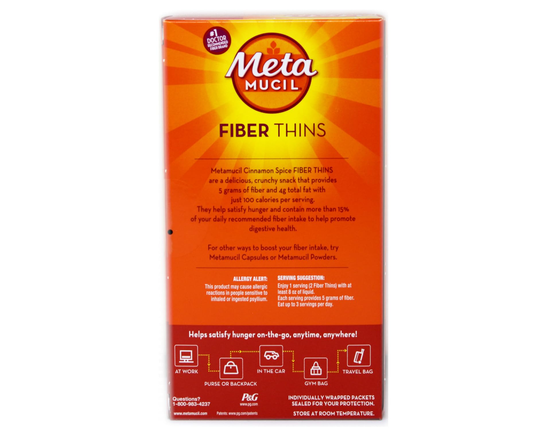 Metamucil Fiber Thins Cinnamon Spice on-the-go packaging for travel