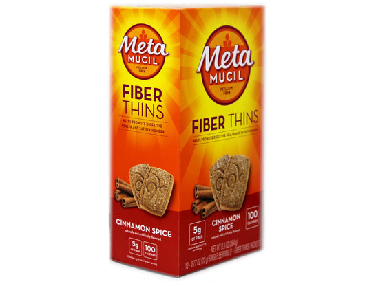 Metamucil Fiber Thins Cinnamon Spice packets close-up; 5 g fiber per serving