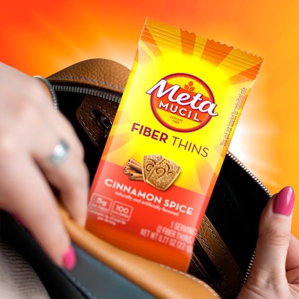 Metamucil Fiber Thins Cinnamon Spice snack on the go in a tote bag.