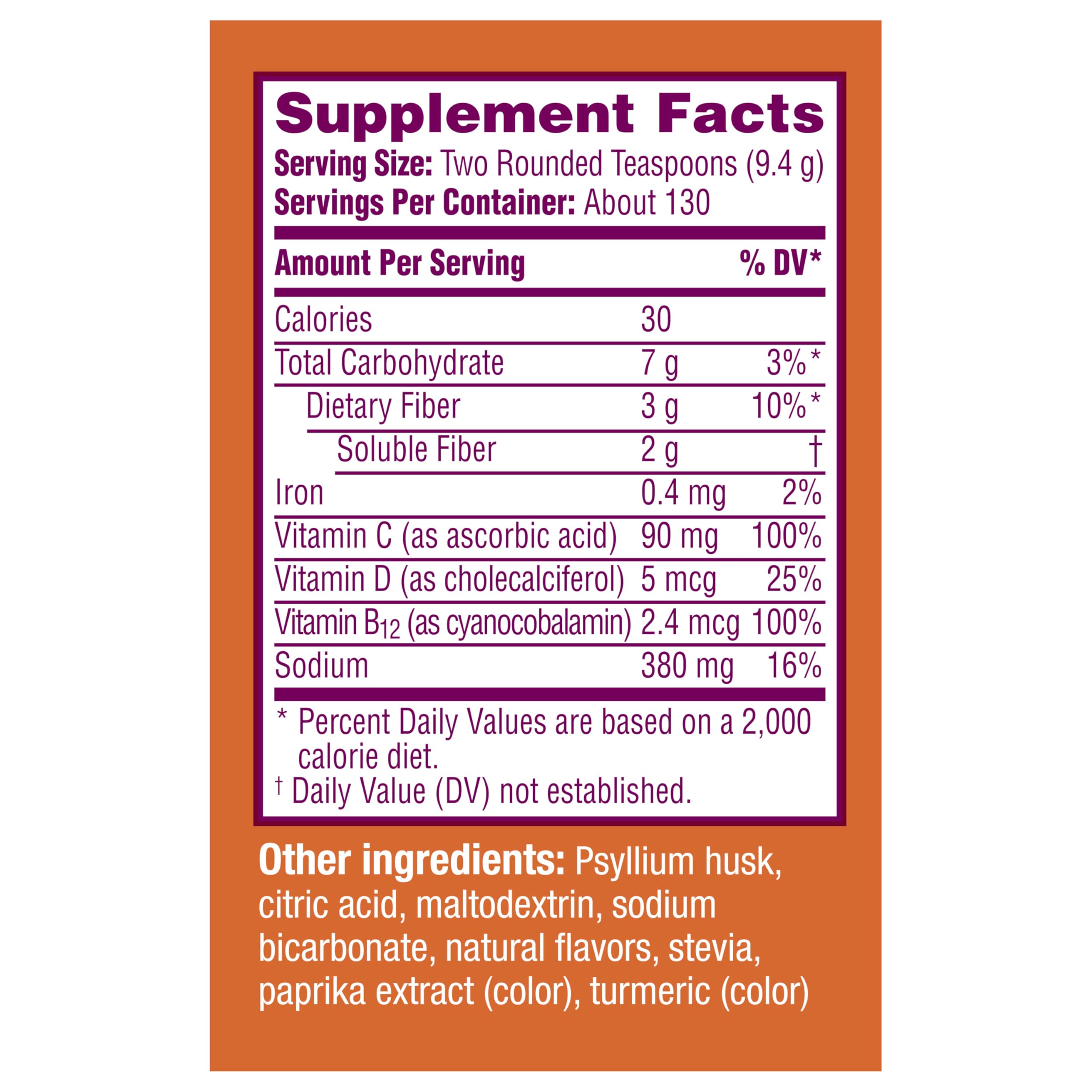 Glass of Metamucil Fizzy Fiber Metabolism fizzing citrus drink for daily fiber routine.