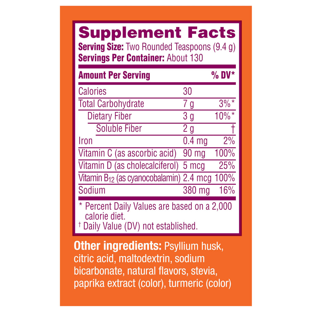 Glass of Metamucil Fizzy Fiber Metabolism fizzing citrus drink for daily fiber routine.
