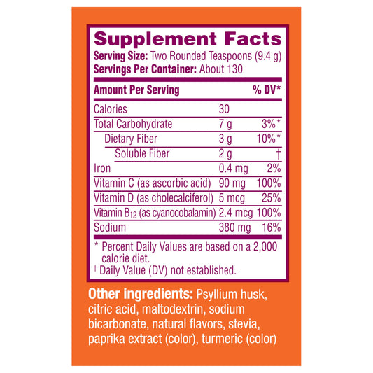 Glass of Metamucil Fizzy Fiber Metabolism fizzing citrus drink for daily fiber routine.