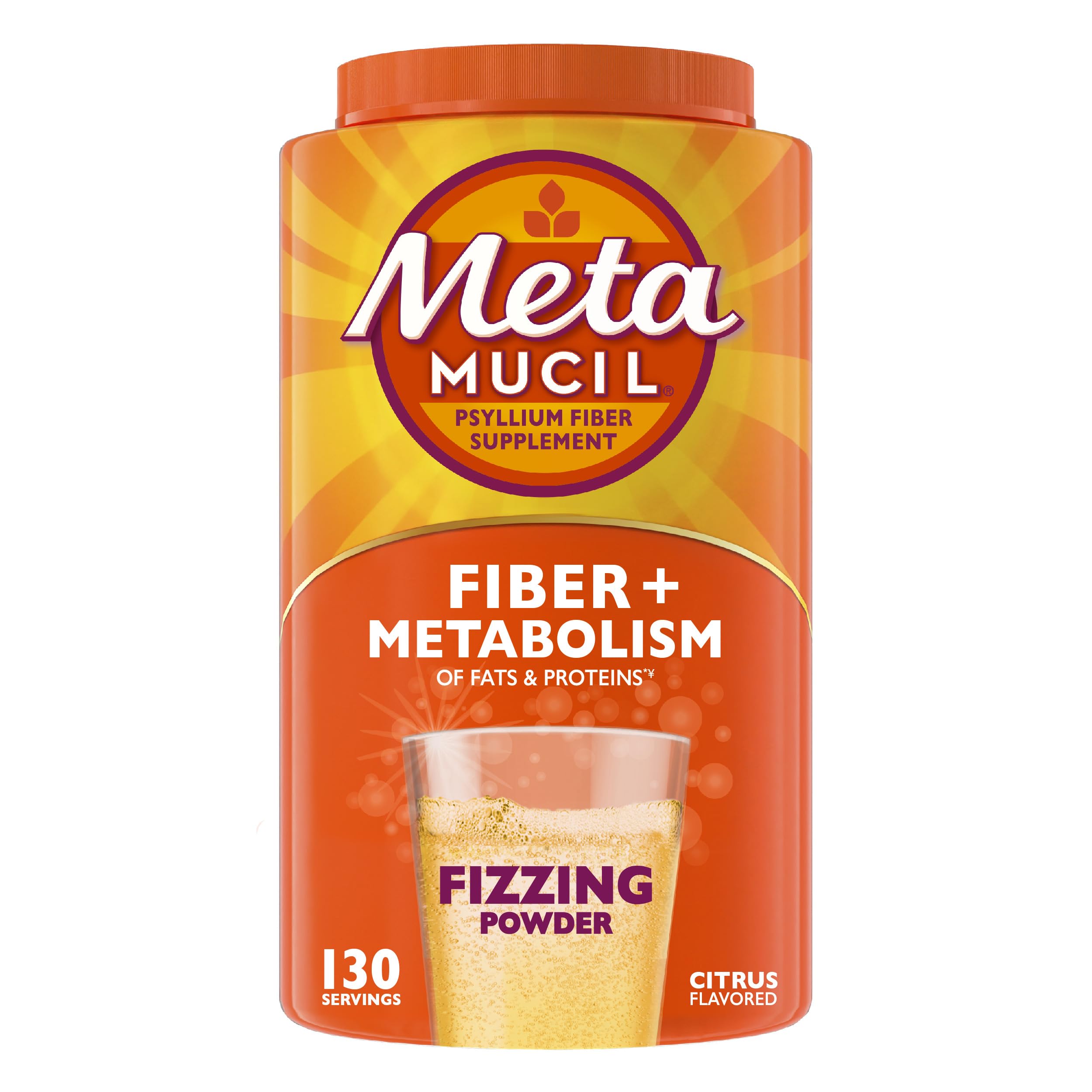 Metamucil Fizzy Fiber Metabolism tub shows citrus flavor supporting digestive regularity.