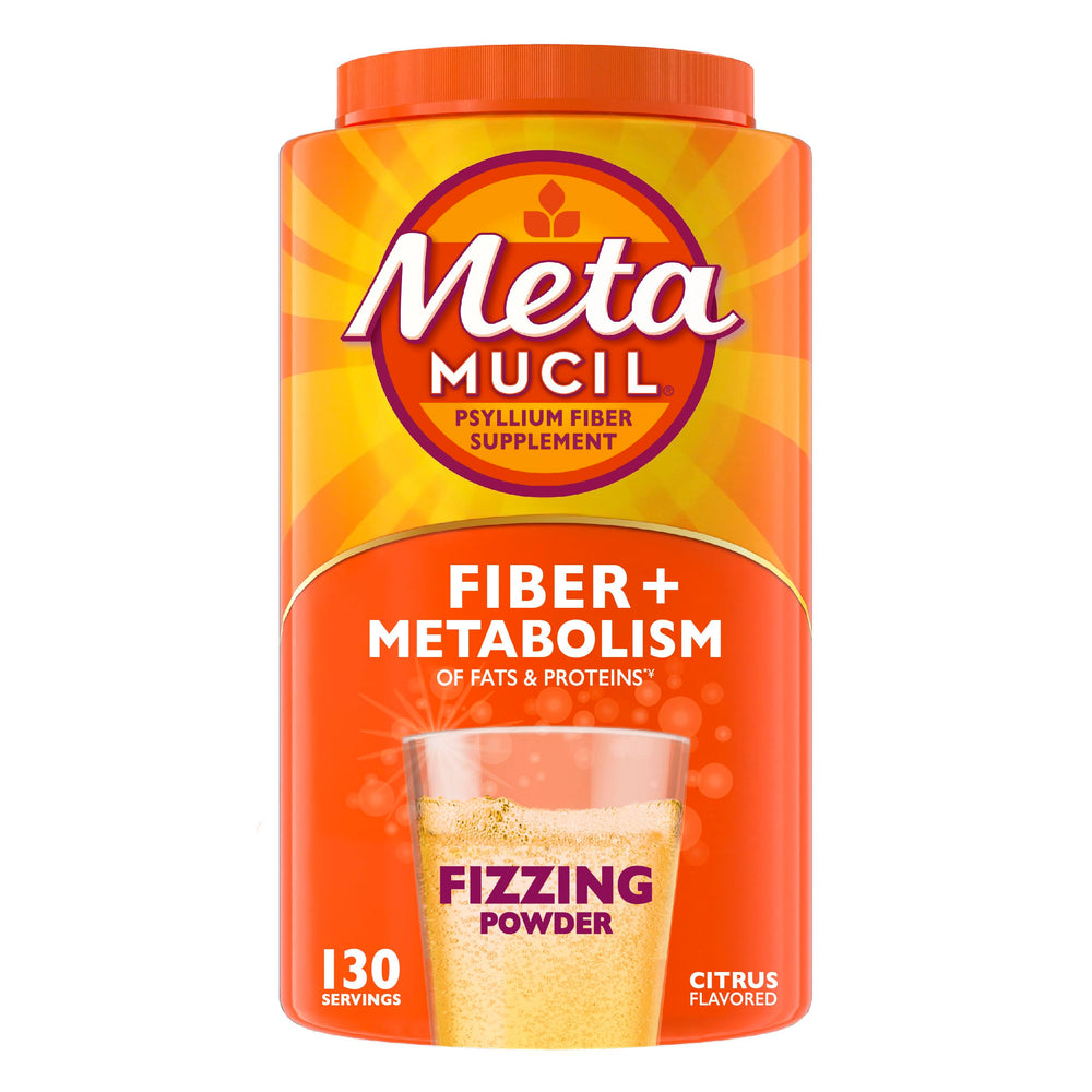 Metamucil Fizzy Fiber Metabolism tub shows citrus flavor supporting digestive regularity.