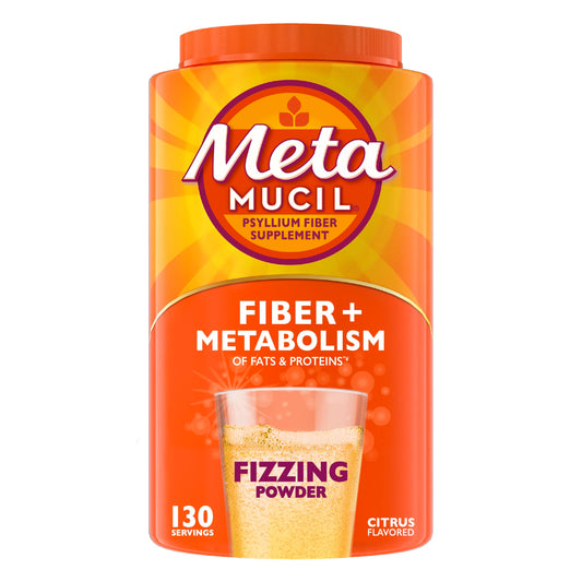 Metamucil Fizzy Fiber Metabolism tub shows citrus flavor supporting digestive regularity.