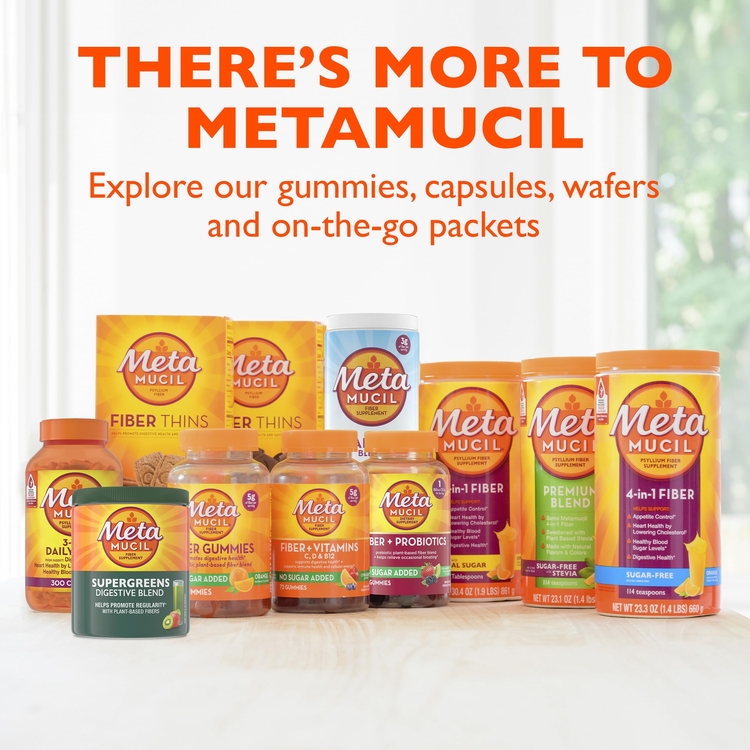Metamucil Greens display highlights gluten-free plant-based fiber blend.