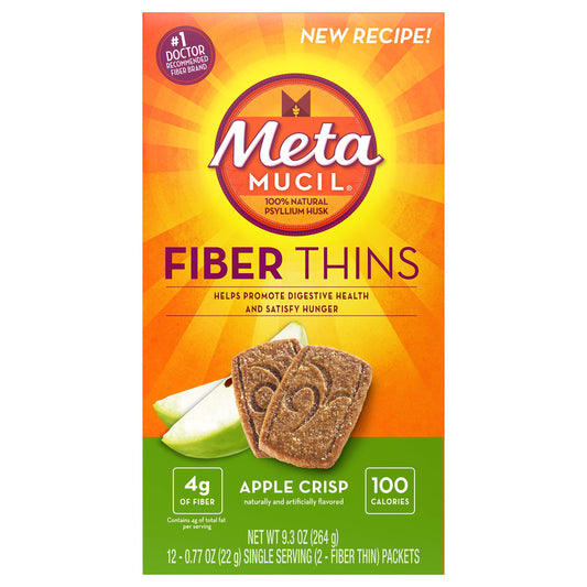 Metamucil Meta Apple Crisp wafers outer box, a convenient fiber snack option.