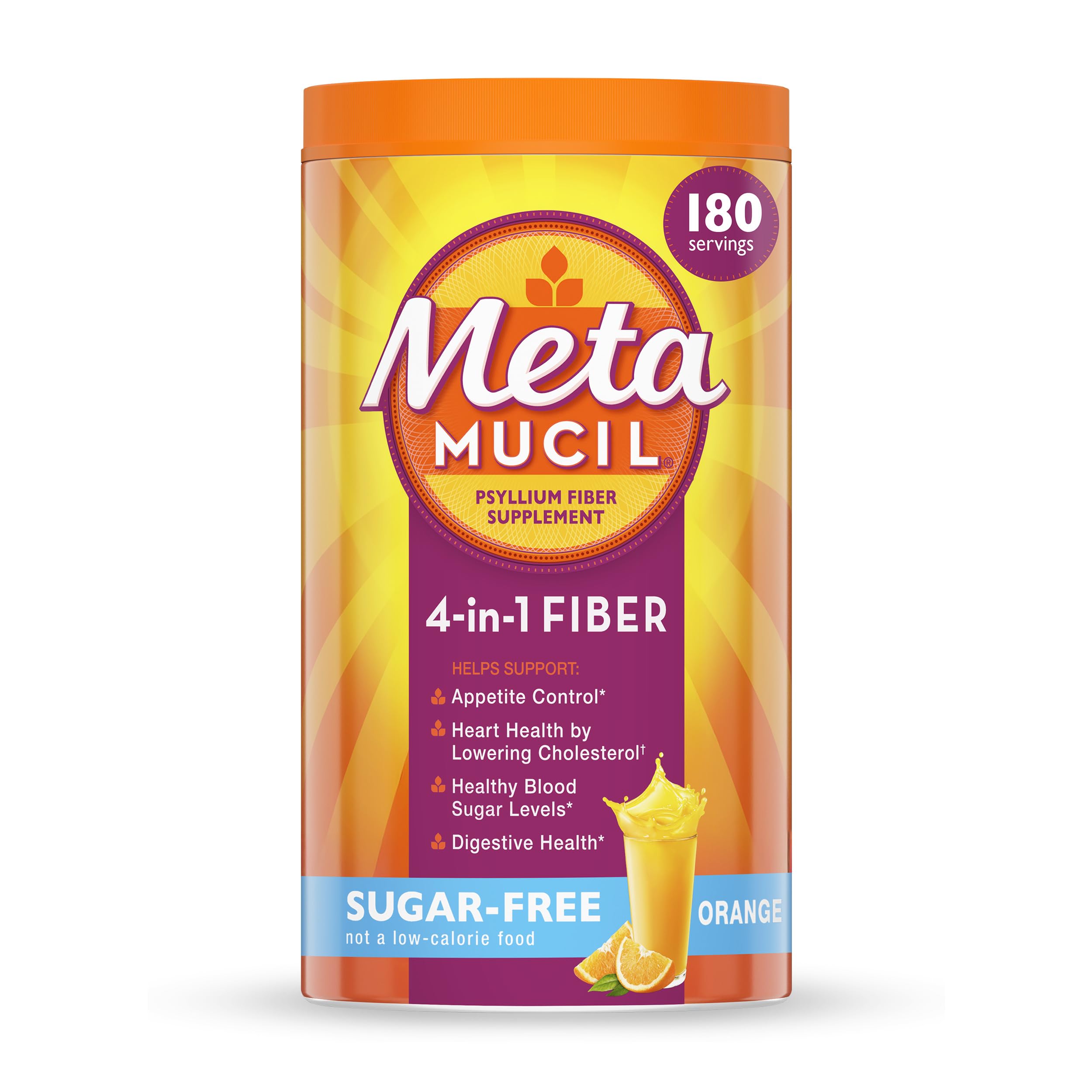 Metamucil orange flavor powder in tub supports daily fiber intake