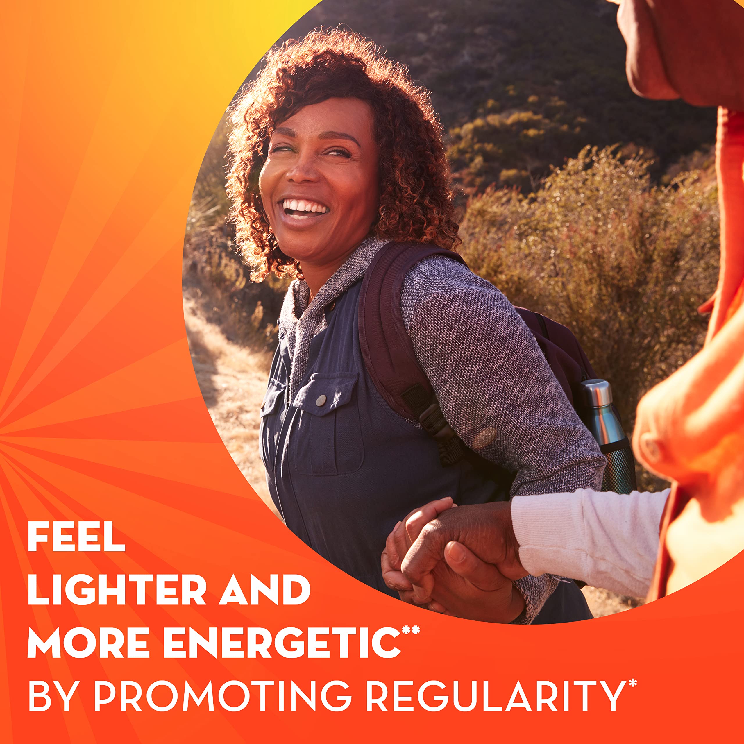 Metamucil orange flavored drink in a glass highlights easy daily usage.