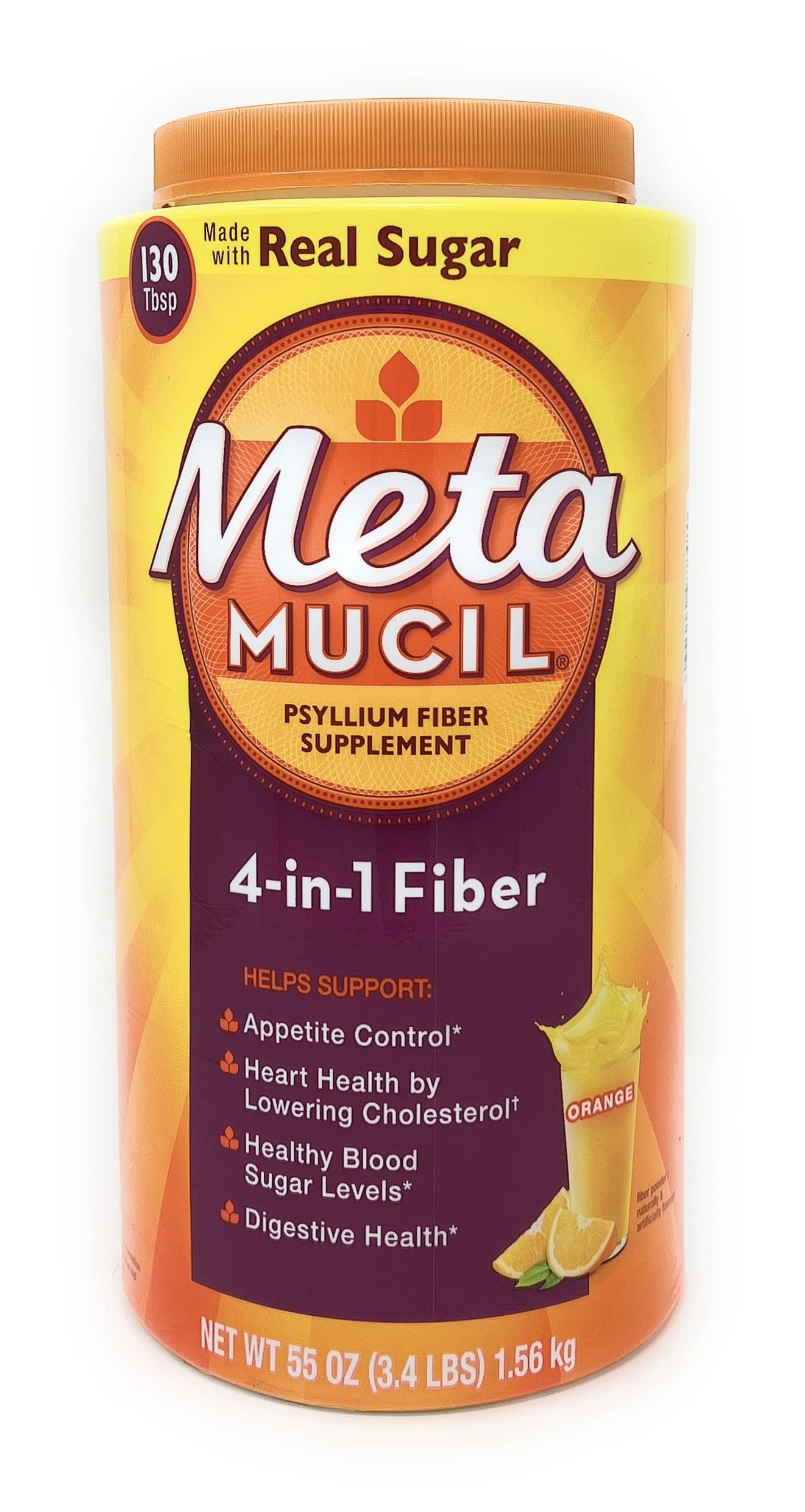 Metamucil orange powder bottle for daily digestive support.