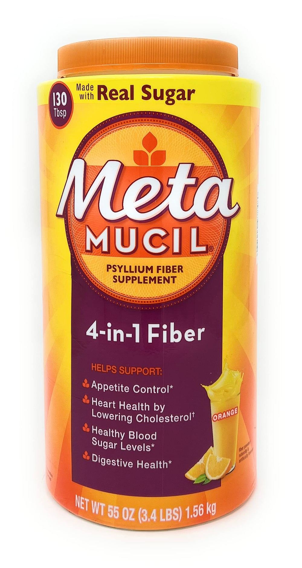 Metamucil orange powder bottle for daily digestive support.