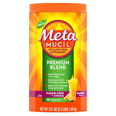 Metamucil Premium Blend orange powder tub for daily digestive support.