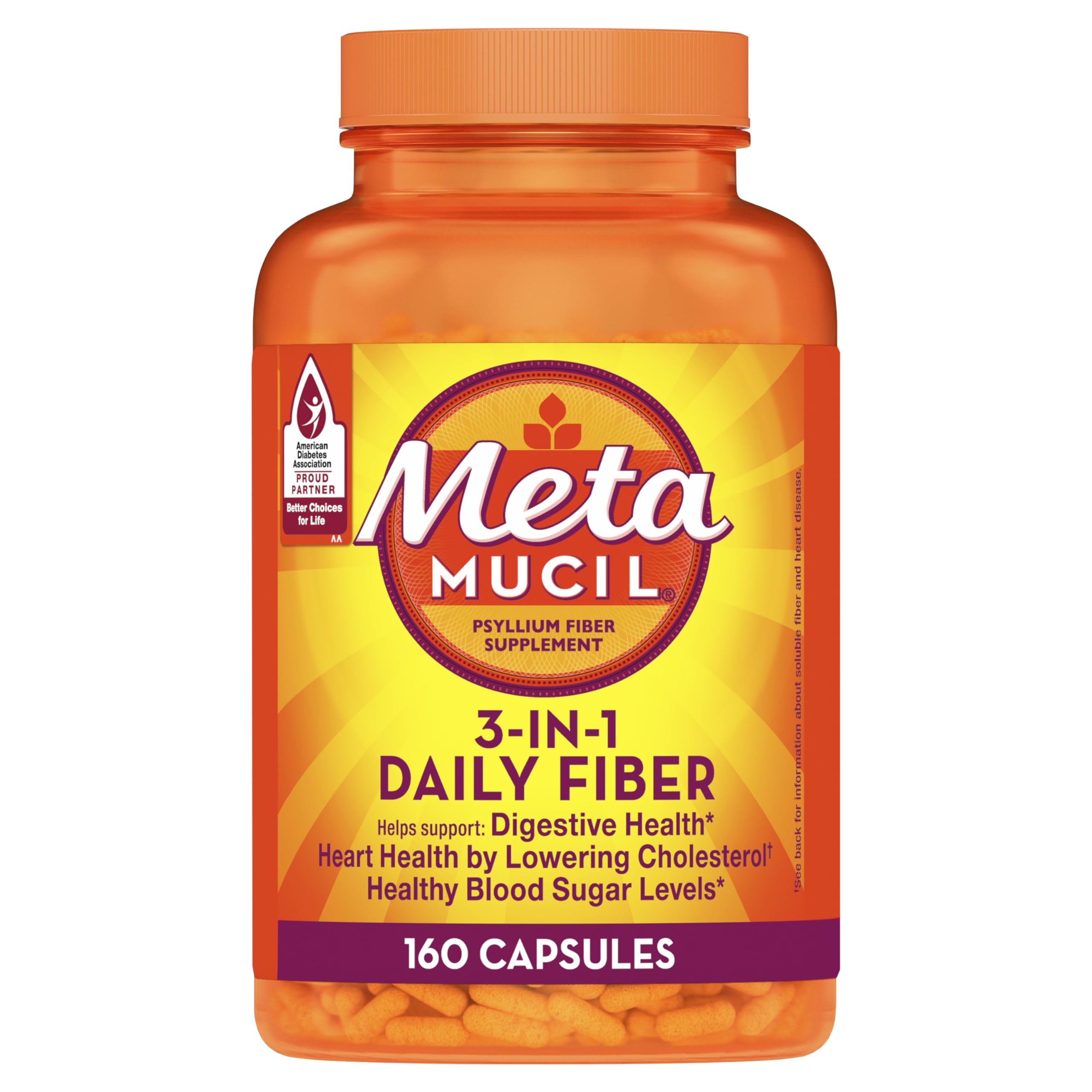 Metamucil psyllium husk bottle ready for daily fiber routine.