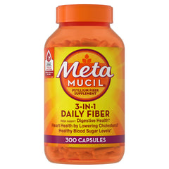 Metamucil psyllium husk capsules bottle for daily digestive health support.