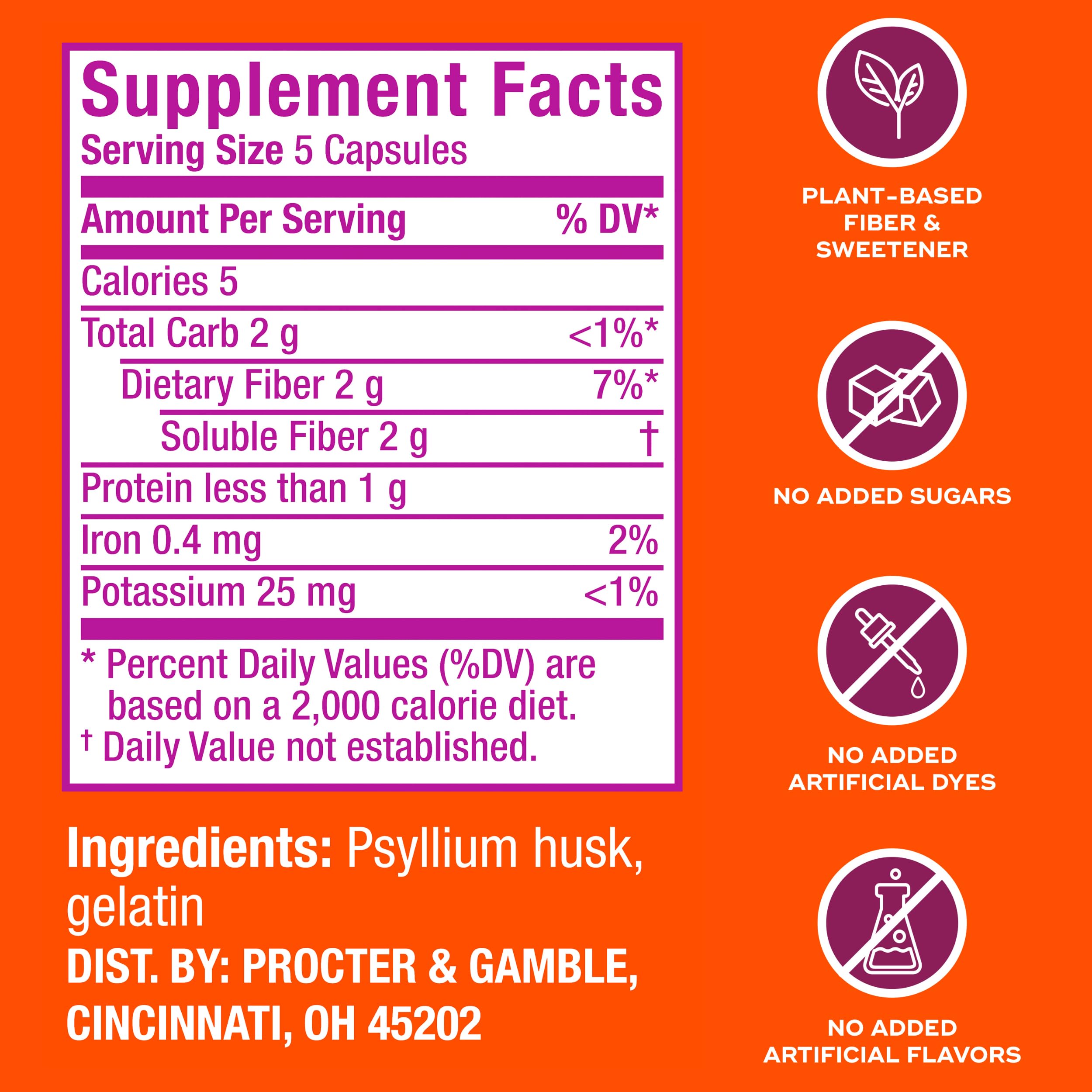 Metamucil psyllium capsules being poured for convenient daily fiber intake.