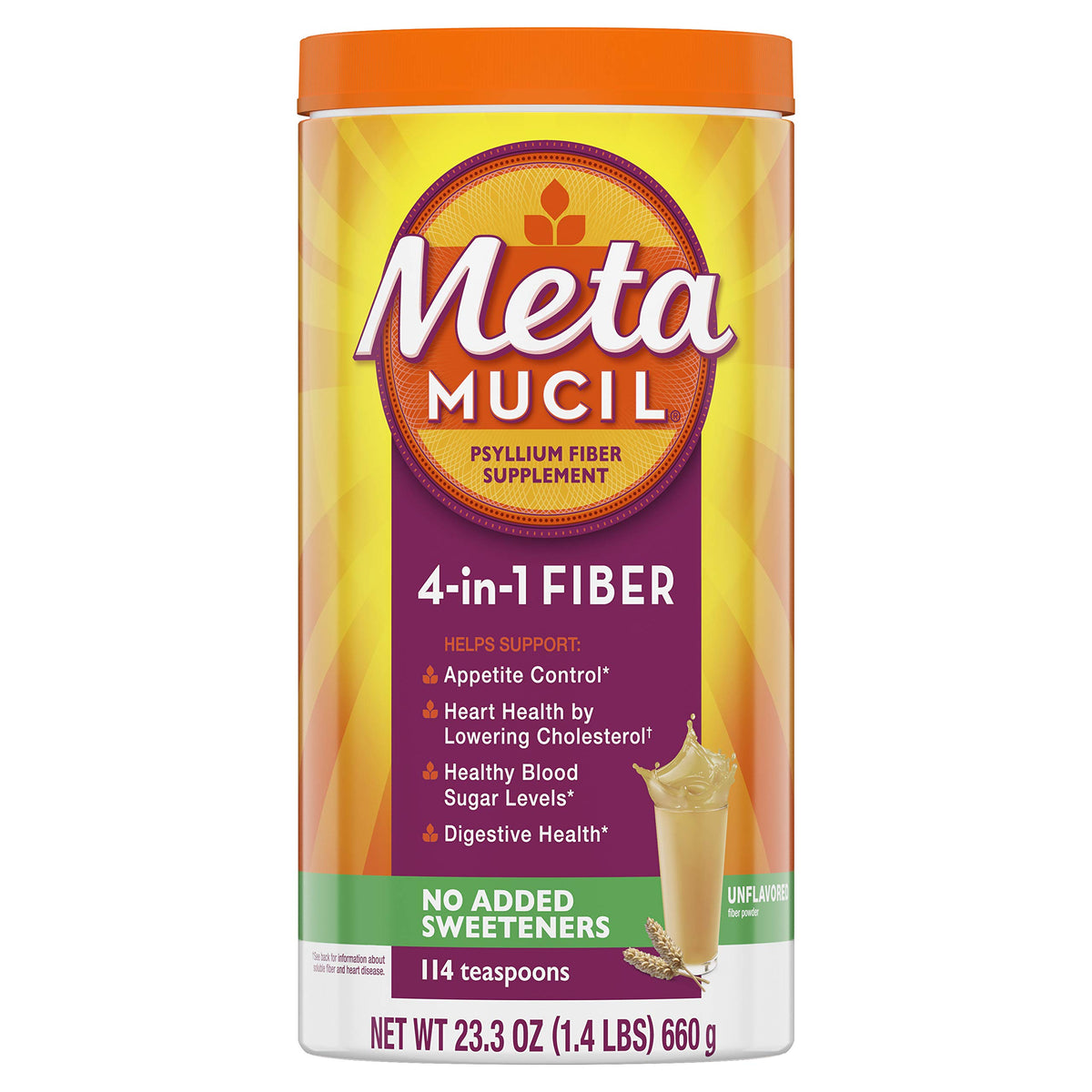 Metamucil unflavored psyllium powder being poured for daily digestion support.