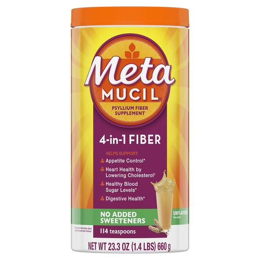Metamucil unflavored psyllium powder being poured for daily digestion support.