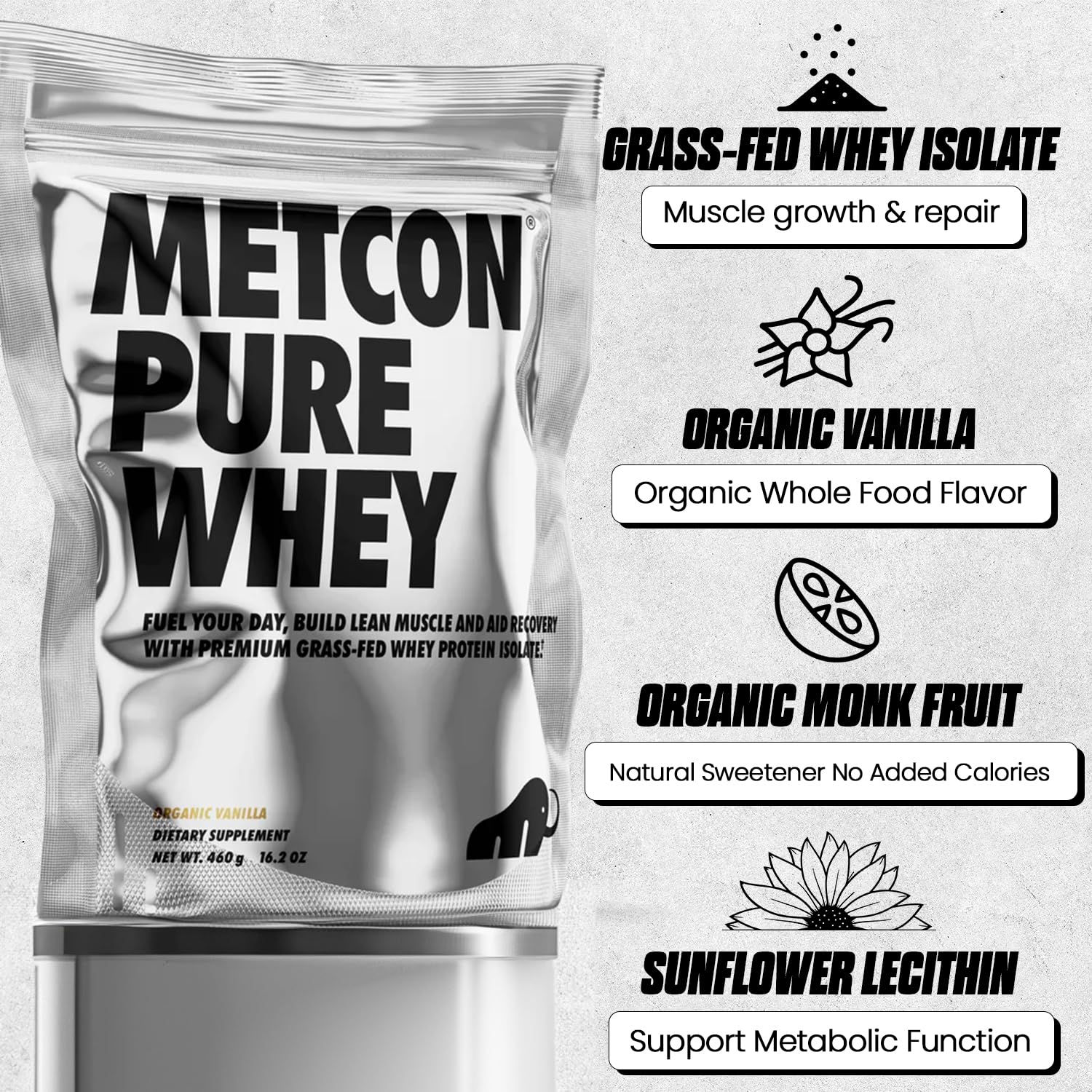 MetCon label closeup showcasing a clean 5 ingredient formulation.