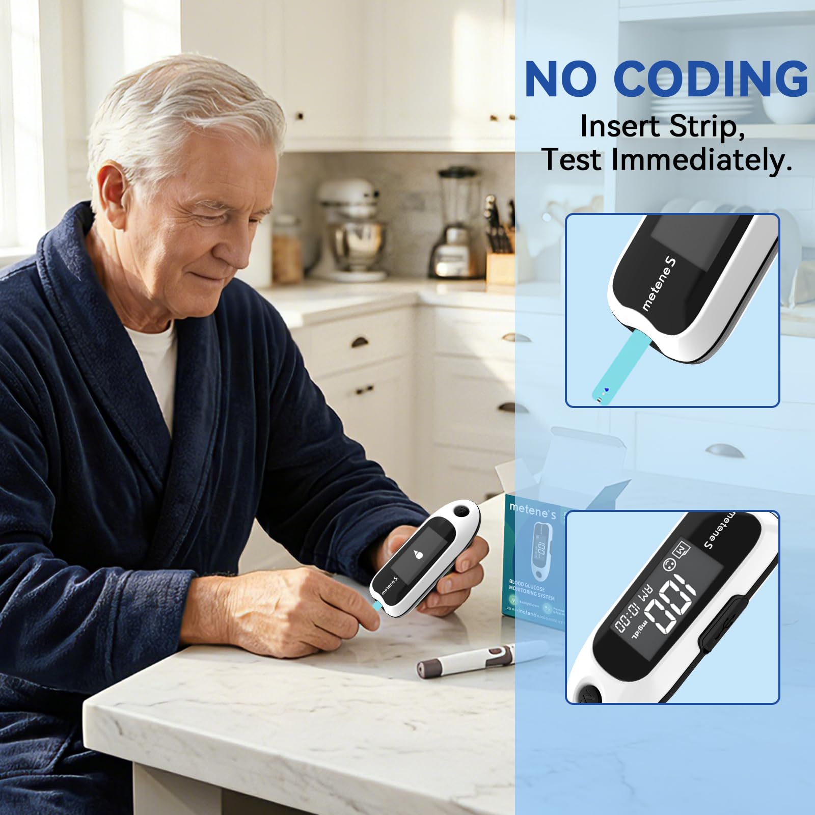 Metene S lancets included for comfortable finger-prick testing