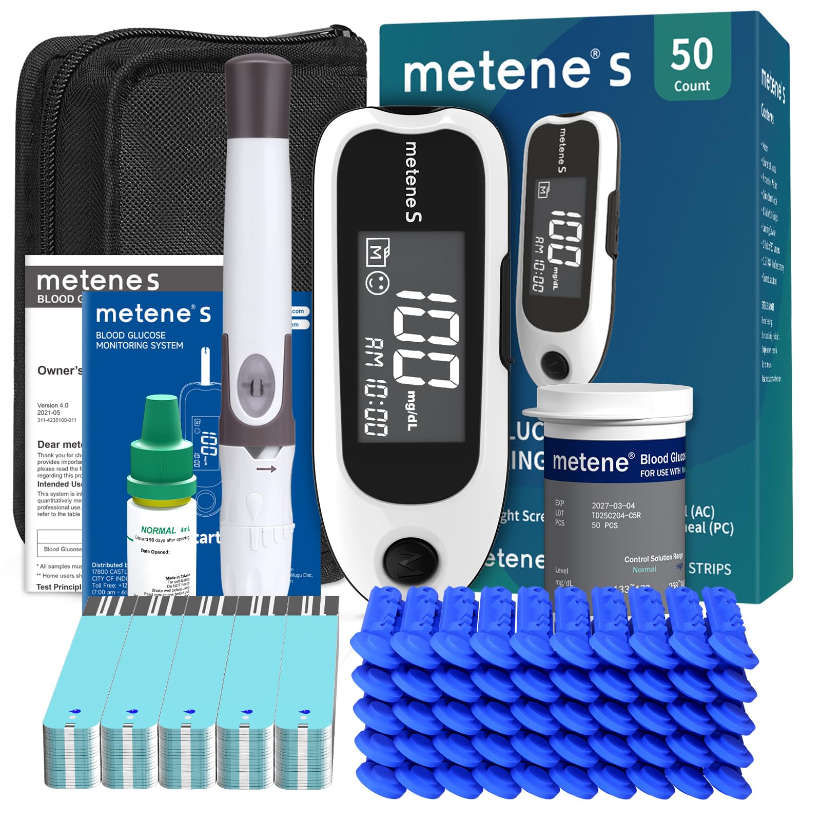 Metene S monitor front view with test strips for easy home testing