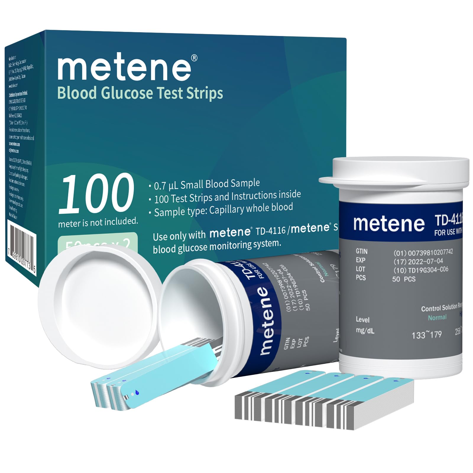 Metene TD-4116 test strips front view for reliable glucose testing with the compatible meter.