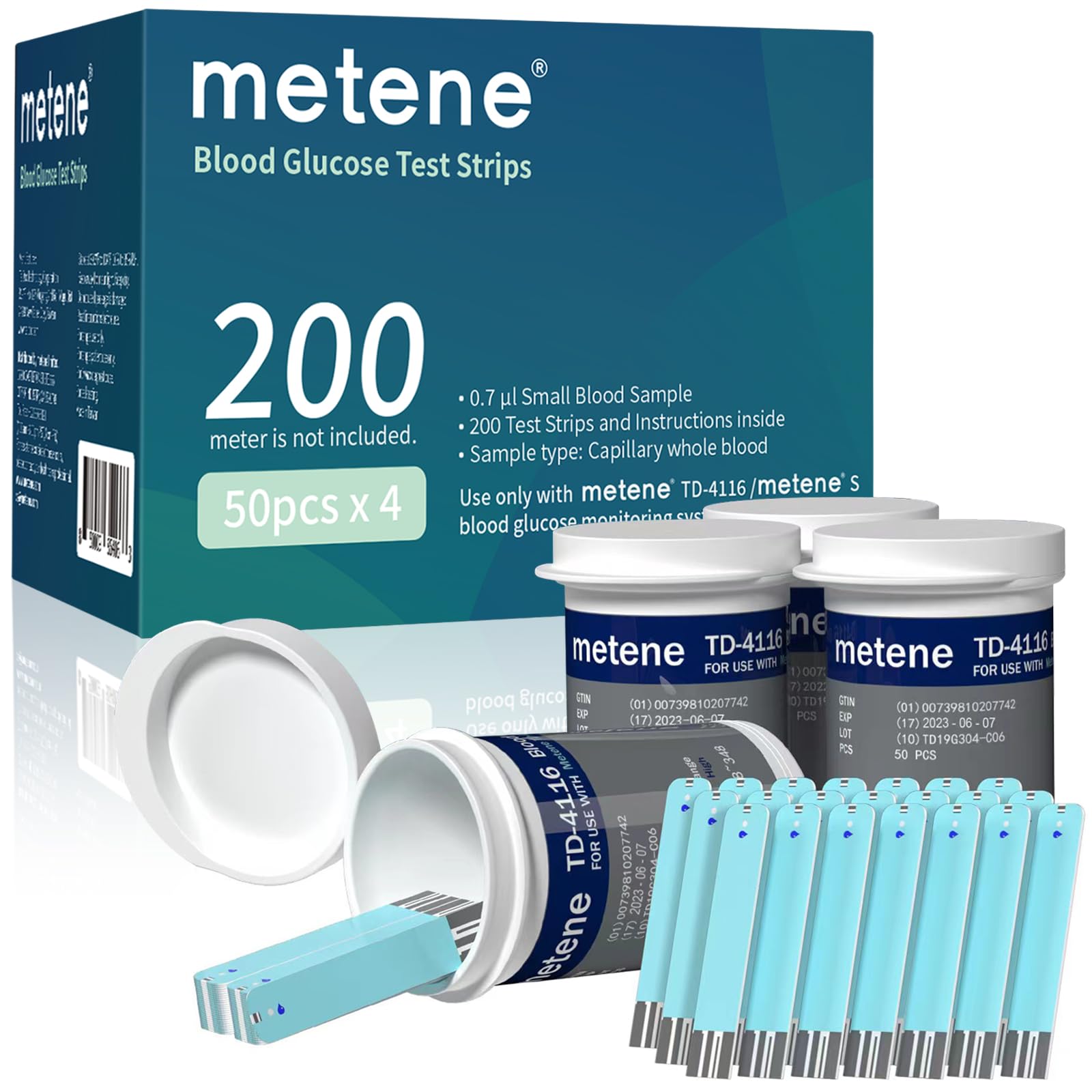 Metene TD-4116 test strips in vial for easy access and sealing.