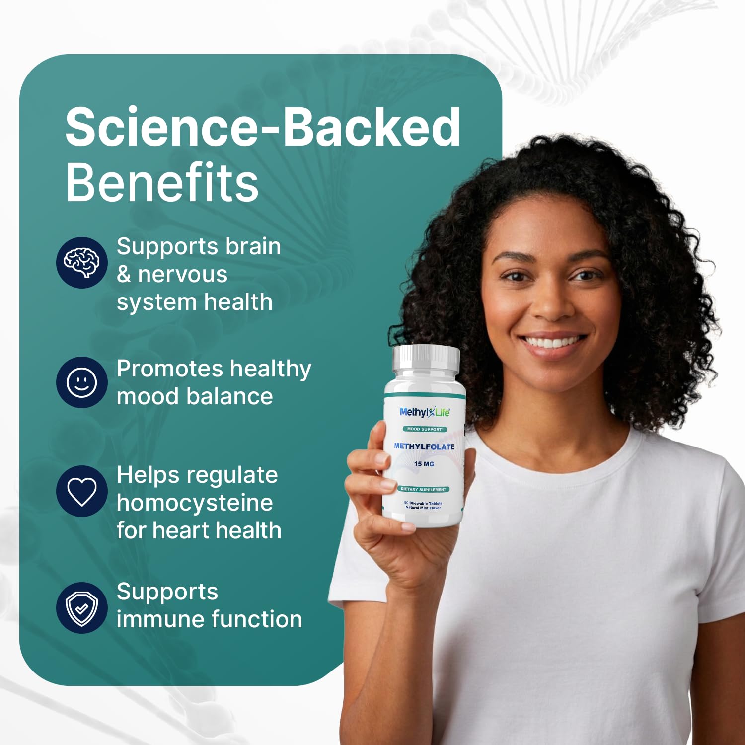 Methyl-Life bottle pouring tablets, showcasing convenient daily dosing.